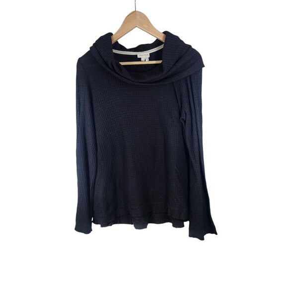Meadow Rue Anthropologie Black Waffle Knit Long Sleeve Cowl Neck Tunic Top Shirt - Picture 8 of 9